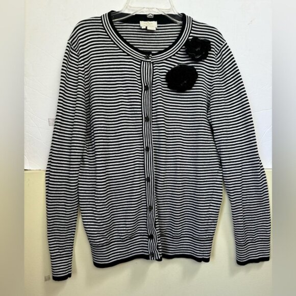 Kate Spade JazzThings Up Rosette Cashmere Roses Stripe Cardigan Cotton Sweater L - Picture 3 of 16